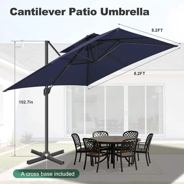 Alt view image 2 of 7 - FLAME&SHADE Cantilever Patio Umbrella Outdoor, 8.2x8.2 FT Square, Dark blue | 360-Degree Rotation, 3-Year Fade Resistance Fabric, Large Offset Umbrella Outdoor for Deck Porch Pool Yard Garden