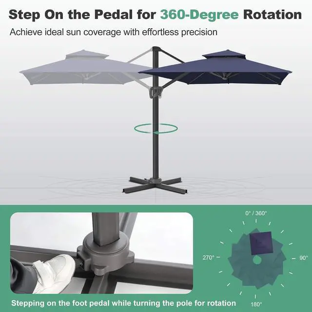Alt view image 3 of 7 - FLAME&SHADE Cantilever Patio Umbrella Outdoor, 8.2x8.2 FT Square, Dark blue | 360-Degree Rotation, 3-Year Fade Resistance Fabric, Large Offset Umbrella Outdoor for Deck Porch Pool Yard Garden