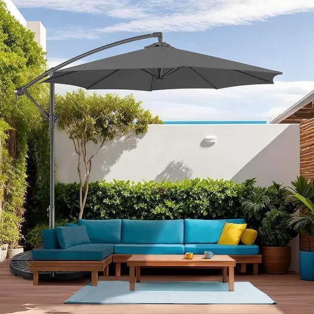 Alt view image 7 of 7 - FLAME&SHADE Cantilever Patio Umbrella Outdoor, 10 FT, Anthracite | 3-Year Fade Resistance Fabric, Large Offset Umbrella with Cross Base for Deck Porch Pool Yard Garden
