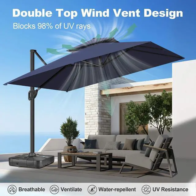 Alt view image 7 of 7 - FLAME&SHADE Cantilever Patio Umbrella Outdoor, 8.2x8.2 FT Square, Dark blue | 360-Degree Rotation, 3-Year Fade Resistance Fabric, Large Offset Umbrella Outdoor for Deck Porch Pool Yard Garden