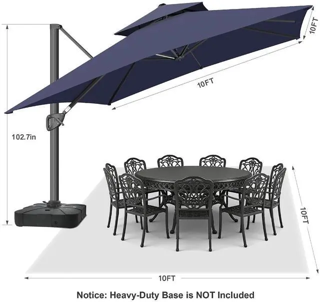 Alt view image 2 of 7 - FLAME&SHADE Cantilever Patio Umbrella Outdoor, 10x10 FT Square, Dark blue | 360-Degree Rotation, 3-Year Fade Resistance Fabric, Large Offset Umbrella Outdoor for Deck Porch Pool Yard Garden