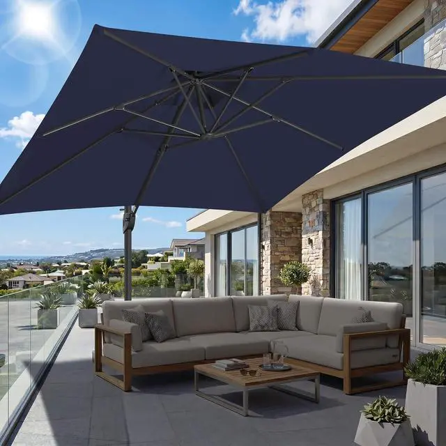 Alt view image 7 of 7 - FLAME&SHADE Cantilever Patio Umbrella Outdoor, 10x10 FT Square, Dark blue | 360-Degree Rotation, 3-Year Fade Resistance Fabric, Large Offset Umbrella Outdoor for Deck Porch Pool Yard Garden