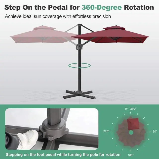 Alt view image 3 of 7 - FLAME&SHADE Cantilever Patio Umbrella Outdoor, 8.2x8.2 FT Square, Burgundy | 360-Degree Rotation, 3-Year Fade Resistance Fabric, Large Offset Umbrella Outdoor for Deck Porch Pool Yard Garden