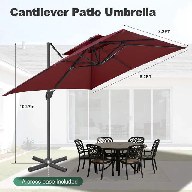 Alt view image 2 of 7 - FLAME&SHADE Cantilever Patio Umbrella Outdoor, 8.2x8.2 FT Square, Burgundy | 360-Degree Rotation, 3-Year Fade Resistance Fabric, Large Offset Umbrella Outdoor for Deck Porch Pool Yard Garden