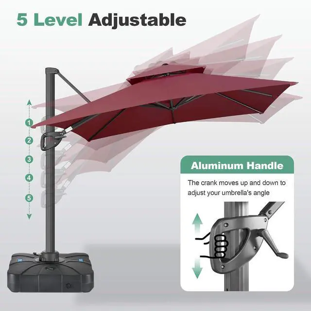 Alt view image 4 of 7 - FLAME&SHADE Cantilever Patio Umbrella Outdoor, 8.2x8.2 FT Square, Burgundy | 360-Degree Rotation, 3-Year Fade Resistance Fabric, Large Offset Umbrella Outdoor for Deck Porch Pool Yard Garden