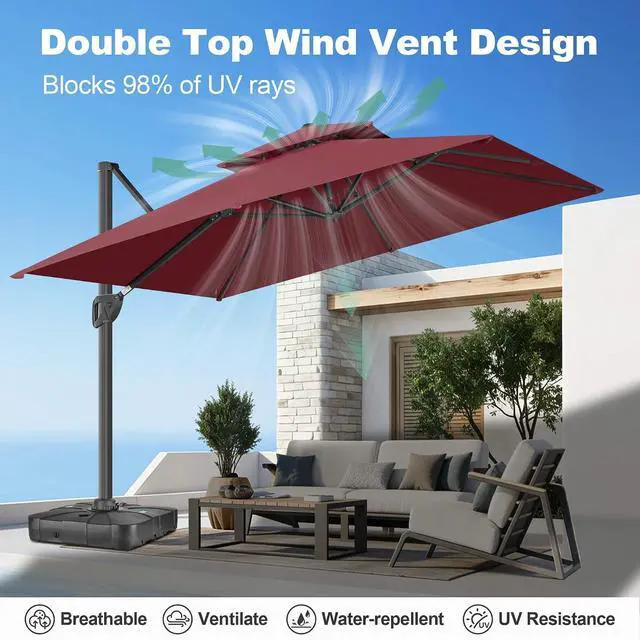 Alt view image 7 of 7 - FLAME&SHADE Cantilever Patio Umbrella Outdoor, 8.2x8.2 FT Square, Burgundy | 360-Degree Rotation, 3-Year Fade Resistance Fabric, Large Offset Umbrella Outdoor for Deck Porch Pool Yard Garden