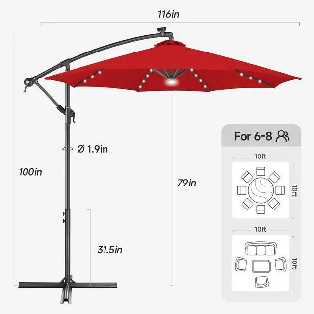 Alt view image 2 of 7 - FLAME&SHADE Cantilever Umbrella Solar with Centre Light, 10 FT, Red | 40 LED Lights, UPF 50+ UV Protection, Lighted Large Offset Umbrella Outdoor for Deck, Porch, Pool, Yard, Table, Garden