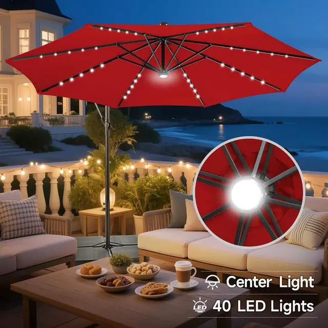 Alt view image 3 of 7 - FLAME&SHADE Cantilever Umbrella Solar with Centre Light, 10 FT, Red | 40 LED Lights, UPF 50+ UV Protection, Lighted Large Offset Umbrella Outdoor for Deck, Porch, Pool, Yard, Table, Garden