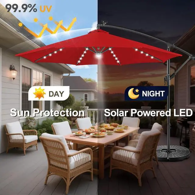 Alt view image 4 of 7 - FLAME&SHADE Cantilever Umbrella Solar with Centre Light, 10 FT, Red | 40 LED Lights, UPF 50+ UV Protection, Lighted Large Offset Umbrella Outdoor for Deck, Porch, Pool, Yard, Table, Garden