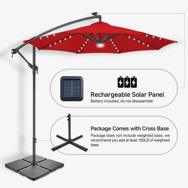 Alt view image 5 of 7 - FLAME&SHADE Cantilever Umbrella Solar with Centre Light, 10 FT, Red | 40 LED Lights, UPF 50+ UV Protection, Lighted Large Offset Umbrella Outdoor for Deck, Porch, Pool, Yard, Table, Garden