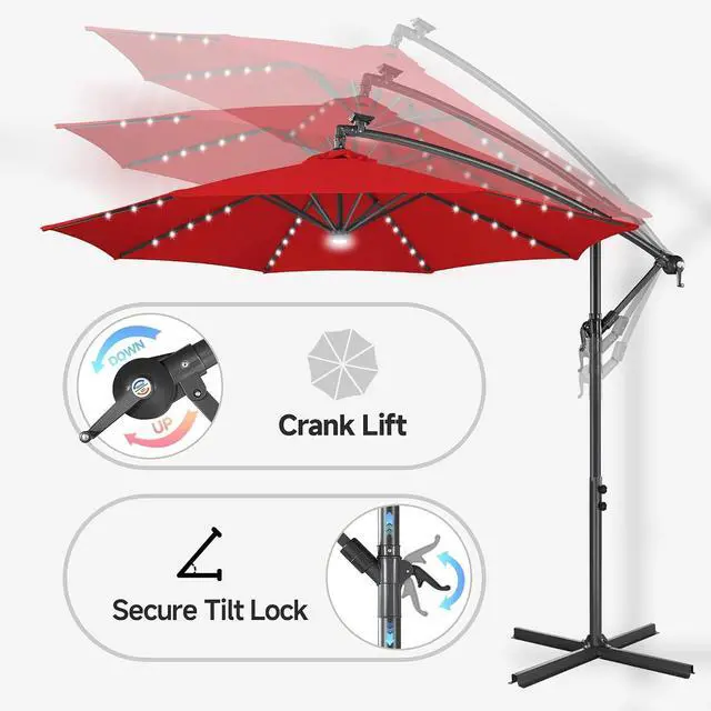Alt view image 6 of 7 - FLAME&SHADE Cantilever Umbrella Solar with Centre Light, 10 FT, Red | 40 LED Lights, UPF 50+ UV Protection, Lighted Large Offset Umbrella Outdoor for Deck, Porch, Pool, Yard, Table, Garden