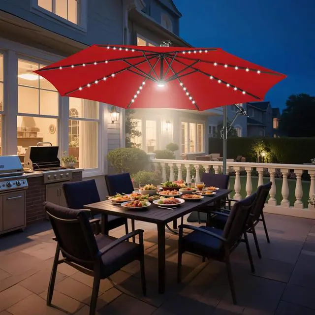 Alt view image 7 of 7 - FLAME&SHADE Cantilever Umbrella Solar with Centre Light, 10 FT, Red | 40 LED Lights, UPF 50+ UV Protection, Lighted Large Offset Umbrella Outdoor for Deck, Porch, Pool, Yard, Table, Garden