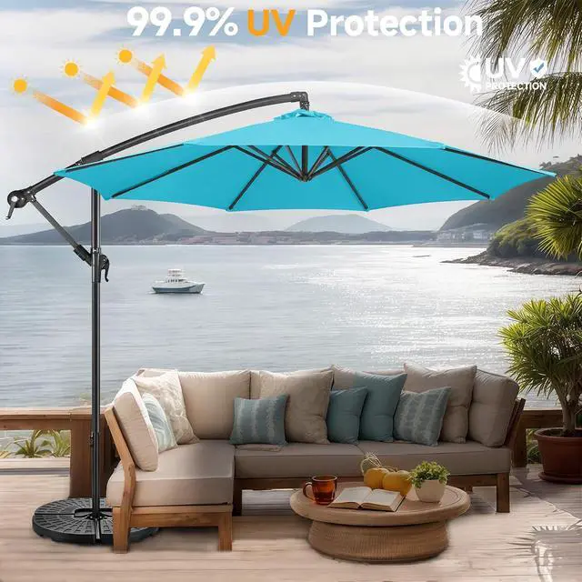 Alt view image 4 of 7 - FLAME&SHADE Cantilever Patio Umbrella Outdoor, 10 FT, Aqua Blue | 3-Year Fade Resistance Fabric, Large Offset Umbrella with Cross Base for Deck Porch Pool Yard Garden