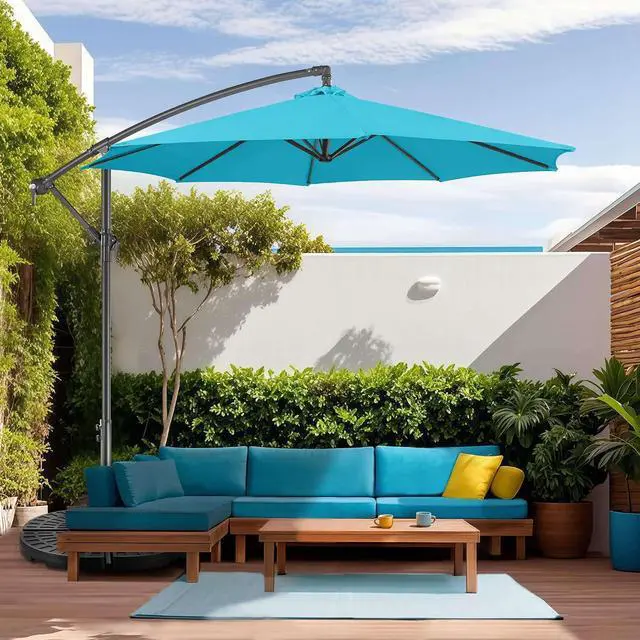 Alt view image 6 of 7 - FLAME&SHADE Cantilever Patio Umbrella Outdoor, 10 FT, Aqua Blue | 3-Year Fade Resistance Fabric, Large Offset Umbrella with Cross Base for Deck Porch Pool Yard Garden