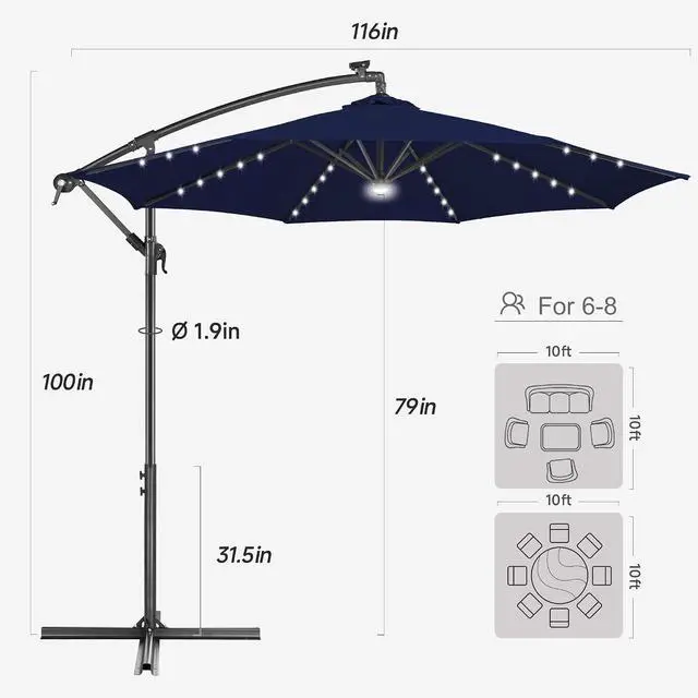 Alt view image 2 of 7 - FLAME&SHADE Cantilever Umbrella Solar with Centre Light, 10 FT, Navy Blue | 40 LED Lights, UPF 50+ UV Protection, Lighted Large Offset Umbrella Outdoor for Deck, Porch, Pool, Yard, Table, Garden