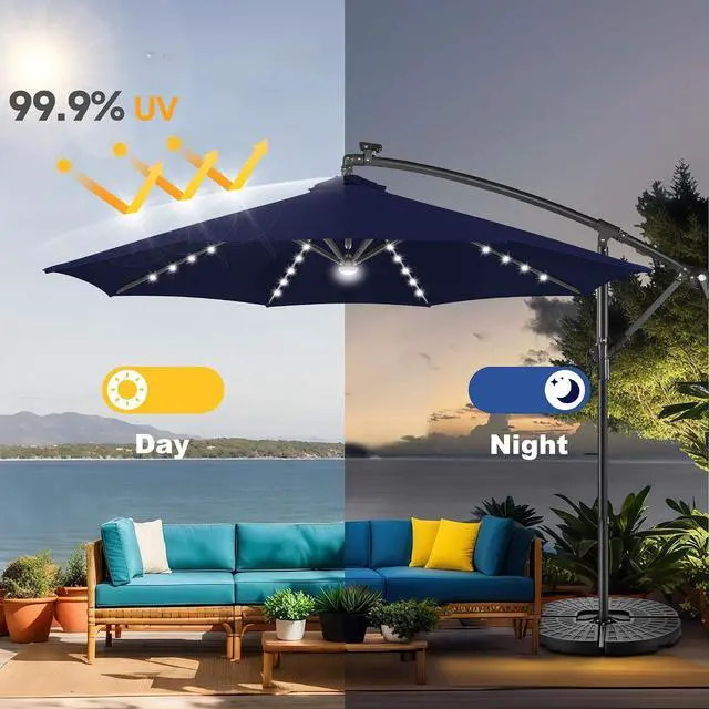 Alt view image 4 of 7 - FLAME&SHADE Cantilever Umbrella Solar with Centre Light, 10 FT, Navy Blue | 40 LED Lights, UPF 50+ UV Protection, Lighted Large Offset Umbrella Outdoor for Deck, Porch, Pool, Yard, Table, Garden