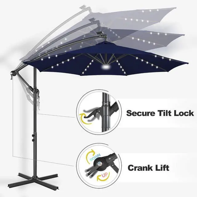 Alt view image 5 of 7 - FLAME&SHADE Cantilever Umbrella Solar with Centre Light, 10 FT, Navy Blue | 40 LED Lights, UPF 50+ UV Protection, Lighted Large Offset Umbrella Outdoor for Deck, Porch, Pool, Yard, Table, Garden