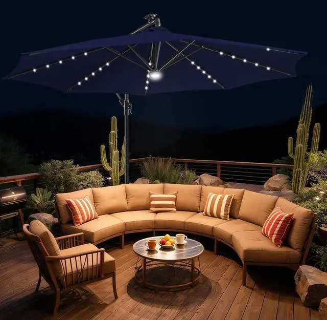Alt view image 6 of 7 - FLAME&SHADE Cantilever Umbrella Solar with Centre Light, 10 FT, Navy Blue | 40 LED Lights, UPF 50+ UV Protection, Lighted Large Offset Umbrella Outdoor for Deck, Porch, Pool, Yard, Table, Garden