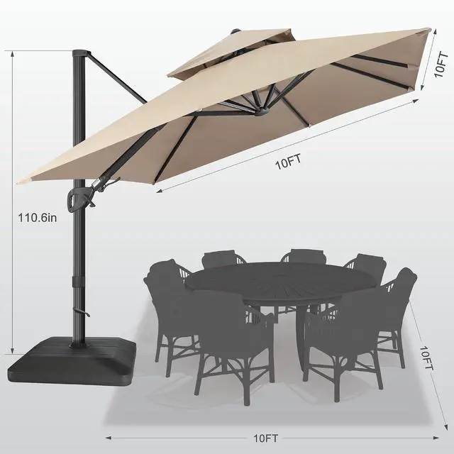 Alt view image 2 of 7 - FLAME&SHADE Cantilever Patio Umbrella Outdoor, 10x10 FT Square, Taupe | Aluminum, Tiltable, 360-Degree Rotation, 3-Year Fade Resistance Fabric, Large Offset Umbrella Outdoor for Deck Porch Pool