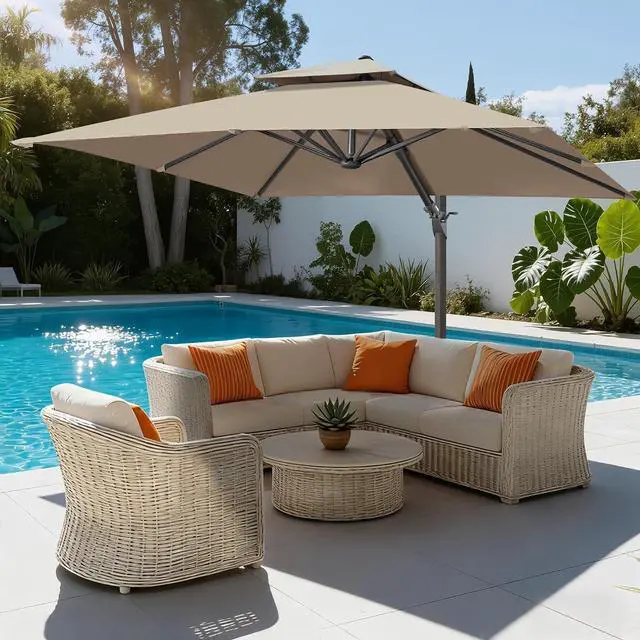Alt view image 4 of 7 - FLAME&SHADE Cantilever Patio Umbrella Outdoor, 10x10 FT Square, Taupe | Aluminum, Tiltable, 360-Degree Rotation, 3-Year Fade Resistance Fabric, Large Offset Umbrella Outdoor for Deck Porch Pool