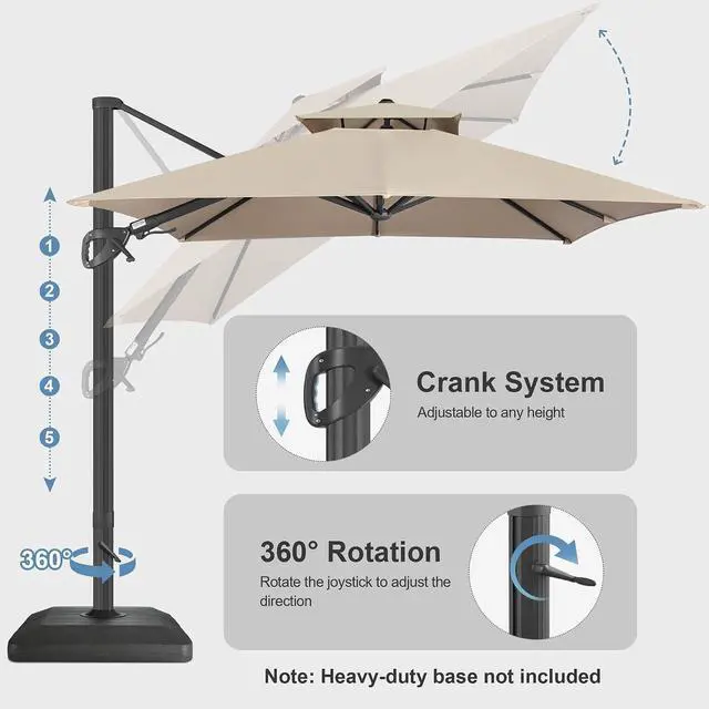 Alt view image 6 of 7 - FLAME&SHADE Cantilever Patio Umbrella Outdoor, 10x10 FT Square, Taupe | Aluminum, Tiltable, 360-Degree Rotation, 3-Year Fade Resistance Fabric, Large Offset Umbrella Outdoor for Deck Porch Pool