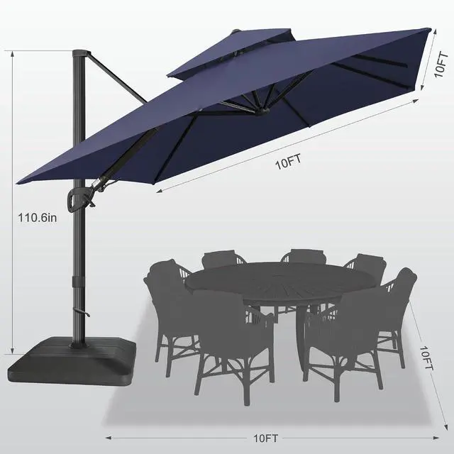 Alt view image 2 of 7 - FLAME&SHADE Cantilever Patio Umbrella Outdoor, 10x10 FT Square, Dark blue | Aluminum, Tiltable, 360-Degree Rotation, 3-Year Fade Resistance Fabric, Large Offset Umbrella Outdoor for Deck Porch Pool