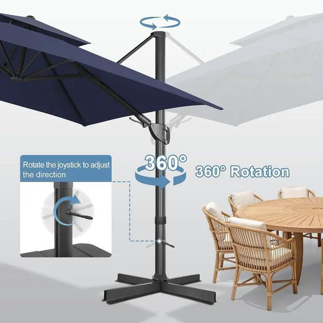Alt view image 3 of 7 - FLAME&SHADE Cantilever Patio Umbrella Outdoor, 10x10 FT Square, Dark blue | Aluminum, Tiltable, 360-Degree Rotation, 3-Year Fade Resistance Fabric, Large Offset Umbrella Outdoor for Deck Porch Pool