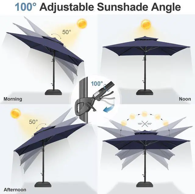 Alt view image 5 of 7 - FLAME&SHADE Cantilever Patio Umbrella Outdoor, 10x10 FT Square, Dark blue | Aluminum, Tiltable, 360-Degree Rotation, 3-Year Fade Resistance Fabric, Large Offset Umbrella Outdoor for Deck Porch Pool