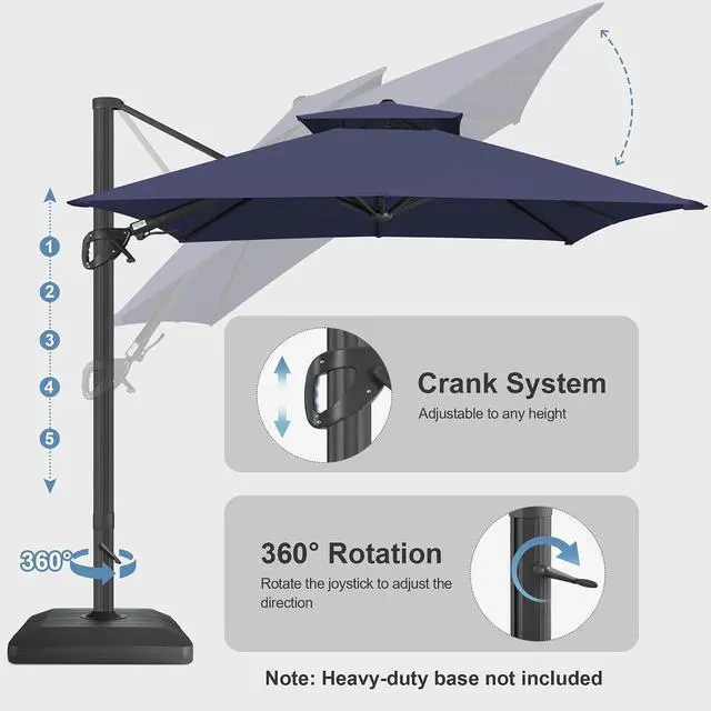 Alt view image 6 of 7 - FLAME&SHADE Cantilever Patio Umbrella Outdoor, 10x10 FT Square, Dark blue | Aluminum, Tiltable, 360-Degree Rotation, 3-Year Fade Resistance Fabric, Large Offset Umbrella Outdoor for Deck Porch Pool