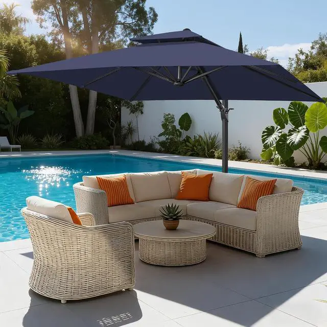 Alt view image 4 of 7 - FLAME&SHADE Cantilever Patio Umbrella Outdoor, 10x10 FT Square, Dark blue | Aluminum, Tiltable, 360-Degree Rotation, 3-Year Fade Resistance Fabric, Large Offset Umbrella Outdoor for Deck Porch Pool