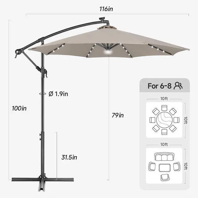 Alt view image 2 of 7 - FLAME&SHADE Cantilever Umbrella Solar with Centre Light, 10 FT, Taupe | 40 LED Lights, UPF 50+ UV Protection, Lighted Large Offset Umbrella Outdoor for Deck, Porch, Pool, Yard, Table, Garden
