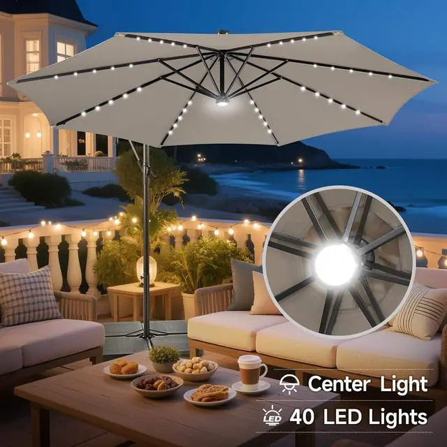 Alt view image 3 of 7 - FLAME&SHADE Cantilever Umbrella Solar with Centre Light, 10 FT, Taupe | 40 LED Lights, UPF 50+ UV Protection, Lighted Large Offset Umbrella Outdoor for Deck, Porch, Pool, Yard, Table, Garden