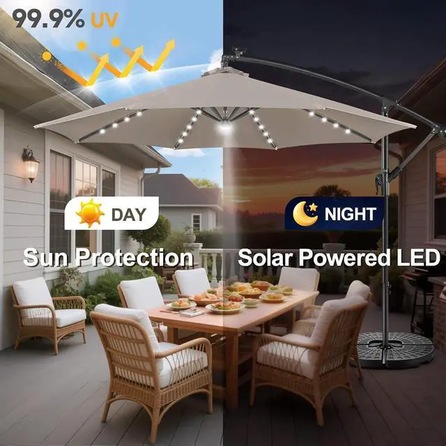Alt view image 4 of 7 - FLAME&SHADE Cantilever Umbrella Solar with Centre Light, 10 FT, Taupe | 40 LED Lights, UPF 50+ UV Protection, Lighted Large Offset Umbrella Outdoor for Deck, Porch, Pool, Yard, Table, Garden