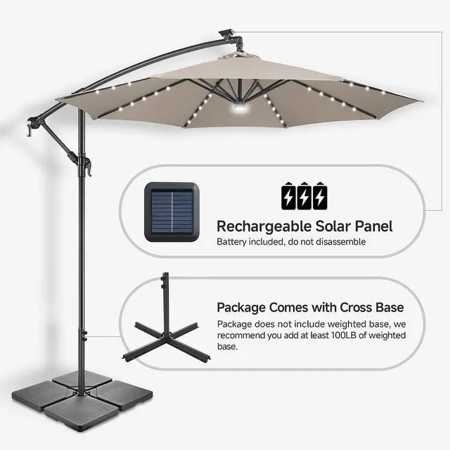 Alt view image 5 of 7 - FLAME&SHADE Cantilever Umbrella Solar with Centre Light, 10 FT, Taupe | 40 LED Lights, UPF 50+ UV Protection, Lighted Large Offset Umbrella Outdoor for Deck, Porch, Pool, Yard, Table, Garden