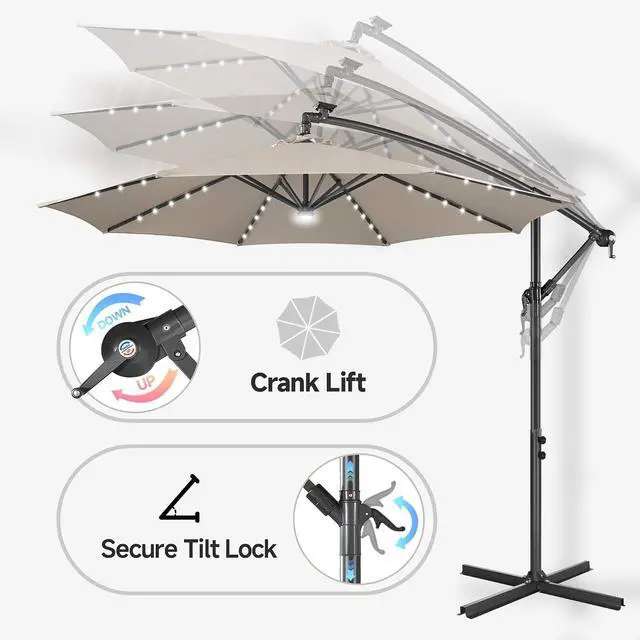 Alt view image 6 of 7 - FLAME&SHADE Cantilever Umbrella Solar with Centre Light, 10 FT, Taupe | 40 LED Lights, UPF 50+ UV Protection, Lighted Large Offset Umbrella Outdoor for Deck, Porch, Pool, Yard, Table, Garden