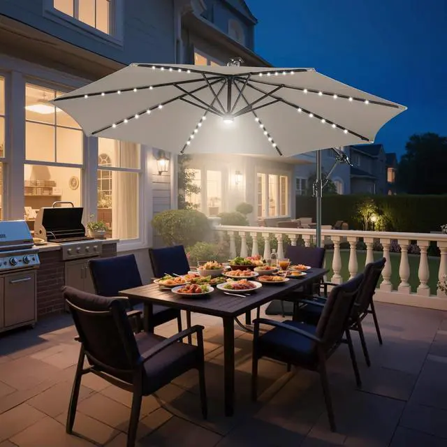 Alt view image 7 of 7 - FLAME&SHADE Cantilever Umbrella Solar with Centre Light, 10 FT, Taupe | 40 LED Lights, UPF 50+ UV Protection, Lighted Large Offset Umbrella Outdoor for Deck, Porch, Pool, Yard, Table, Garden