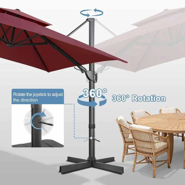 Alt view image 3 of 7 - FLAME&SHADE Cantilever Patio Umbrella Outdoor, 10x10 FT Square, Burgundy | Aluminum, Tiltable, 360-Degree Rotation, 3-Year Fade Resistance Fabric, Large Offset Umbrella Outdoor for Deck Porch Pool