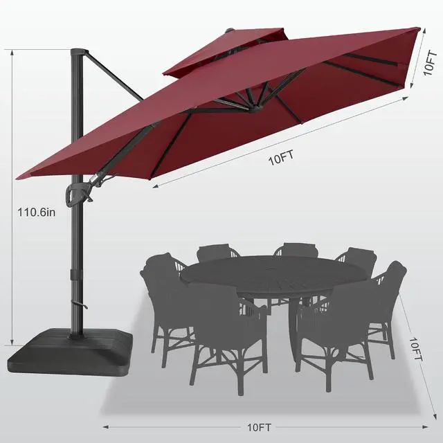 Alt view image 2 of 7 - FLAME&SHADE Cantilever Patio Umbrella Outdoor, 10x10 FT Square, Burgundy | Aluminum, Tiltable, 360-Degree Rotation, 3-Year Fade Resistance Fabric, Large Offset Umbrella Outdoor for Deck Porch Pool