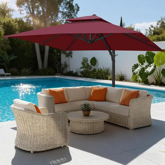 Alt view image 4 of 7 - FLAME&SHADE Cantilever Patio Umbrella Outdoor, 10x10 FT Square, Burgundy | Aluminum, Tiltable, 360-Degree Rotation, 3-Year Fade Resistance Fabric, Large Offset Umbrella Outdoor for Deck Porch Pool