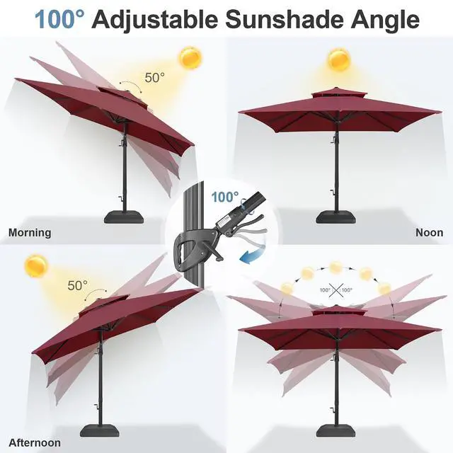 Alt view image 5 of 7 - FLAME&SHADE Cantilever Patio Umbrella Outdoor, 10x10 FT Square, Burgundy | Aluminum, Tiltable, 360-Degree Rotation, 3-Year Fade Resistance Fabric, Large Offset Umbrella Outdoor for Deck Porch Pool
