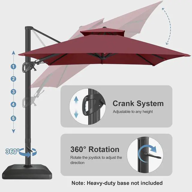 Alt view image 6 of 7 - FLAME&SHADE Cantilever Patio Umbrella Outdoor, 10x10 FT Square, Burgundy | Aluminum, Tiltable, 360-Degree Rotation, 3-Year Fade Resistance Fabric, Large Offset Umbrella Outdoor for Deck Porch Pool