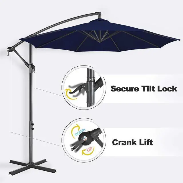 Alt view image 3 of 7 - FLAME&SHADE Cantilever Patio Umbrella Outdoor, 10 FT, Navy Blue | 3-Year Fade Resistance Fabric, Large Offset Umbrella with Cross Base for Deck Porch Pool Yard Garden