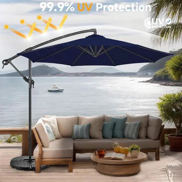 Alt view image 4 of 7 - FLAME&SHADE Cantilever Patio Umbrella Outdoor, 10 FT, Navy Blue | 3-Year Fade Resistance Fabric, Large Offset Umbrella with Cross Base for Deck Porch Pool Yard Garden