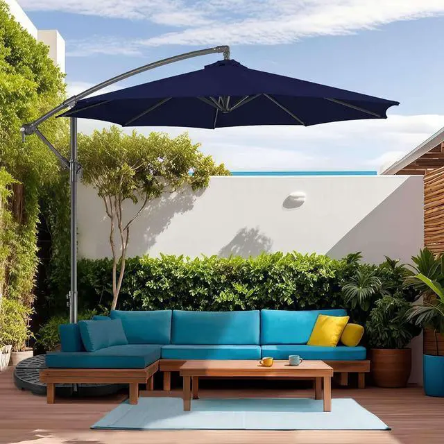 Alt view image 6 of 7 - FLAME&SHADE Cantilever Patio Umbrella Outdoor, 10 FT, Navy Blue | 3-Year Fade Resistance Fabric, Large Offset Umbrella with Cross Base for Deck Porch Pool Yard Garden