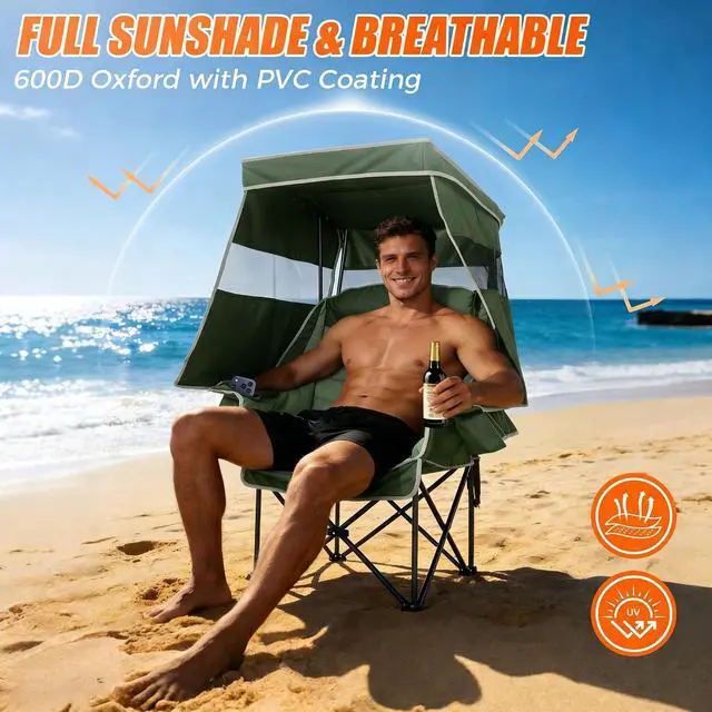 Alt view image 3 of 7 - Camping Chair with Canopy Shade Heavy Duty Folding Chair with Umbrella Cup Holder Oversized Beach Chairs with Canopy for Adults Portable Padded Outdoor Lawn Chair for Sports Fishing, 500LBS, Green