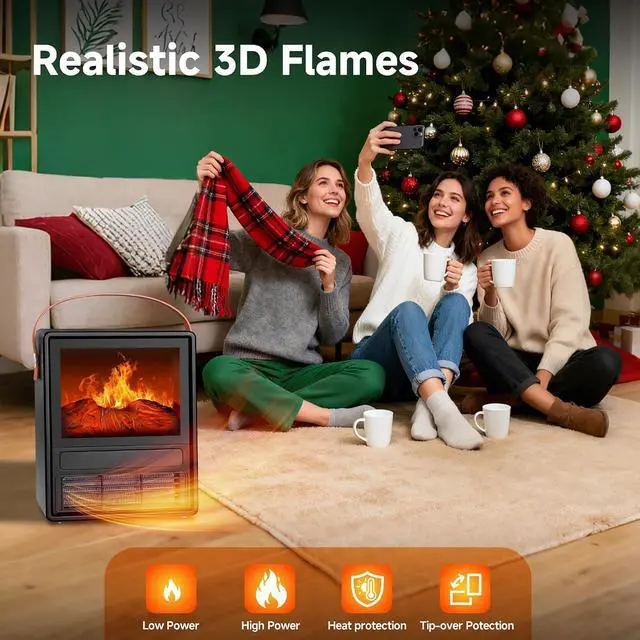 Alt view image 5 of 7 - FLAME&SHADE Portable Electric Fireplace Heater for Indoor Use, Fire Place Heaters with 3D LED Flame Overheat & Tilt Protection, Space Heater Small Fireplace for Home Office Christmas Decoration, Black