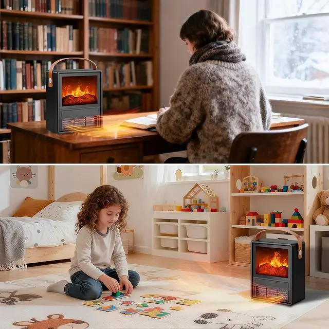 Alt view image 7 of 7 - FLAME&SHADE Portable Electric Fireplace Heater for Indoor Use, Fire Place Heaters with 3D LED Flame Overheat & Tilt Protection, Space Heater Small Fireplace for Home Office Christmas Decoration, Black