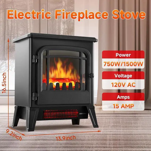 Alt view image 2 of 7 - 17" Freestanding Electric Fireplace Heater - Infrared Heater with LED 3D Flames and Realistic Logs, Fire Place Electric, Fake Fireplace Heaters for Indoor Use, 750 | 1500W Overheat Protection