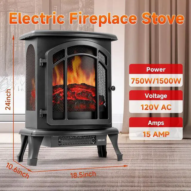 Alt view image 2 of 7 - 24" Electric Fireplace Heater Stove - Infrared Heater with Realistic LED 3D Flames and Remote Contro, Fire Place Electric, Fake Freestanding Fireplace for Indoor Use, Timer, 750 | 1500W