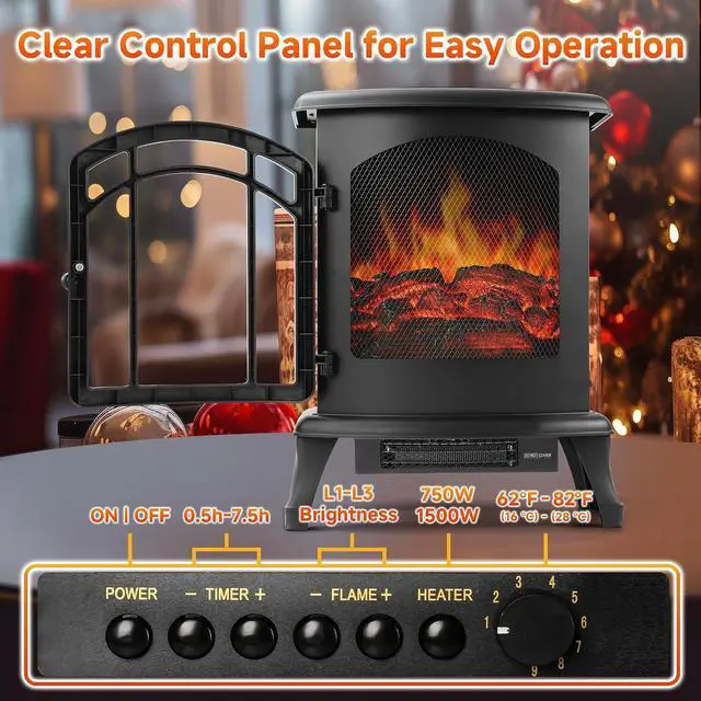 Alt view image 4 of 7 - 24" Electric Fireplace Heater Stove - Infrared Heater with Realistic LED 3D Flames and Remote Contro, Fire Place Electric, Fake Freestanding Fireplace for Indoor Use, Timer, 750 | 1500W